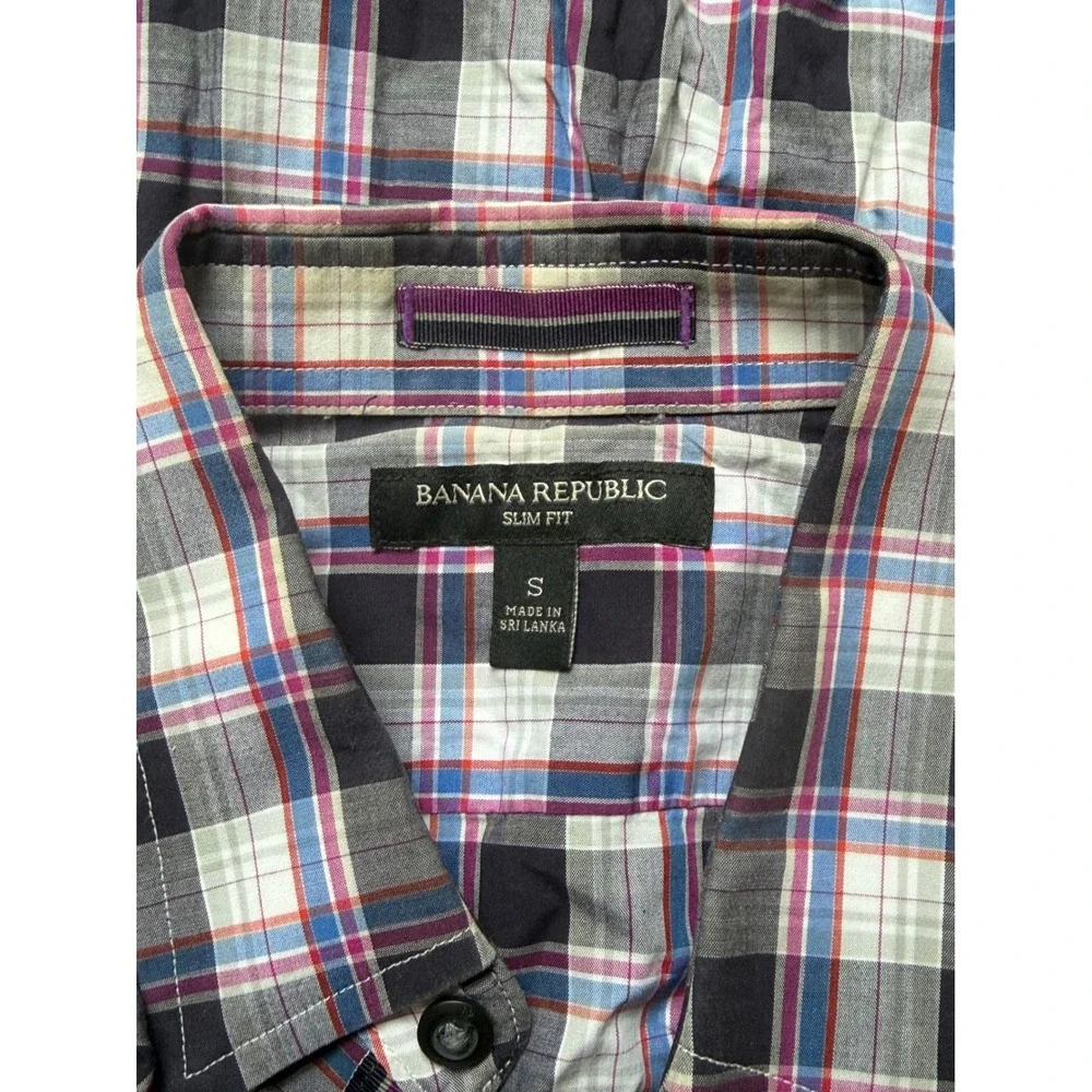 Banana Republic Slim Fit Blue Purple Plaid Button Down Shirt Small Mens Long Slv